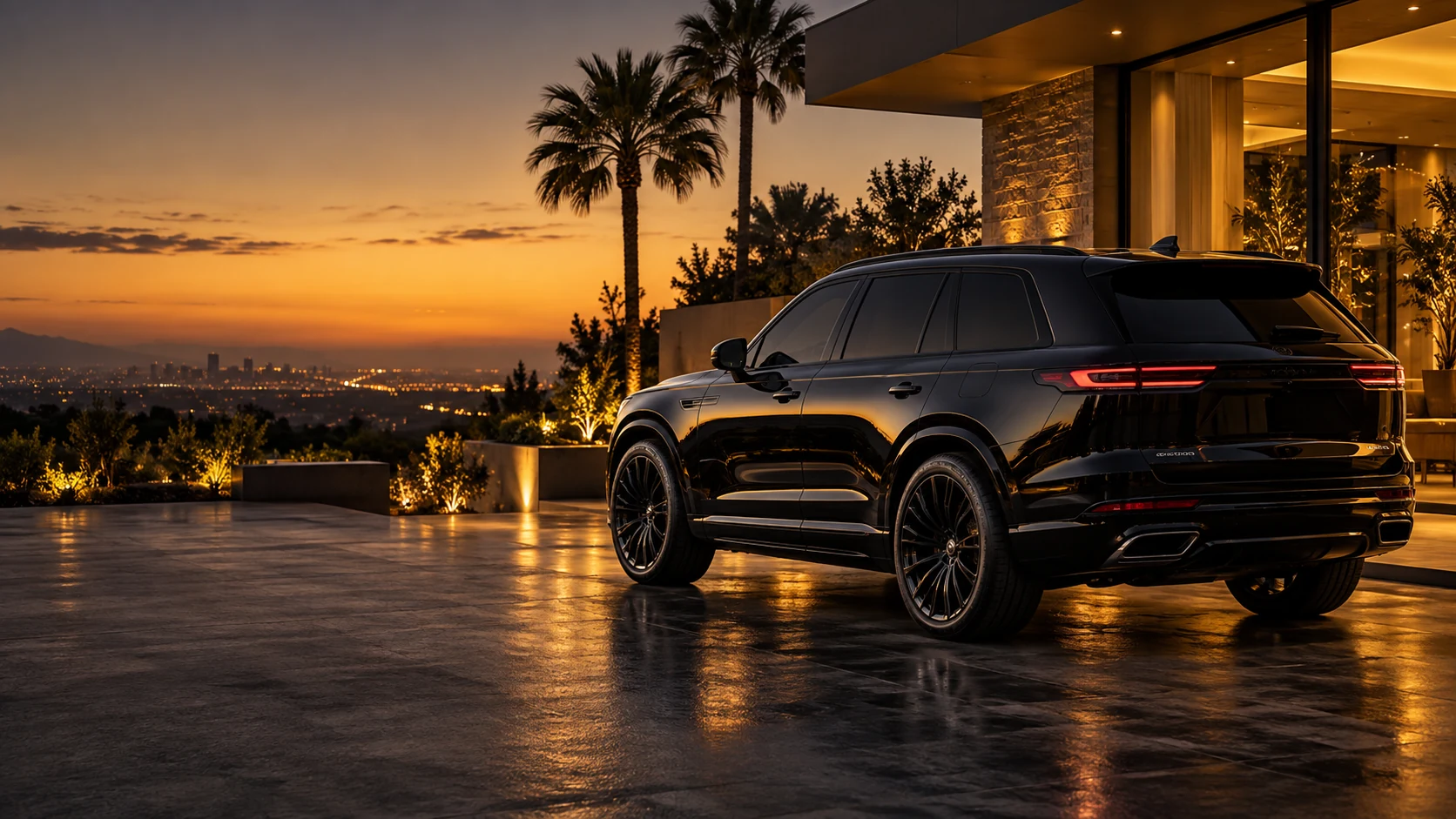 SUV preto inteiro ao pôr do sol