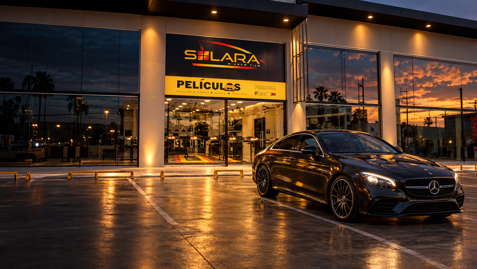 Fachada da Solara Window Film com iluminação bronze e carro de luxo na entrada
